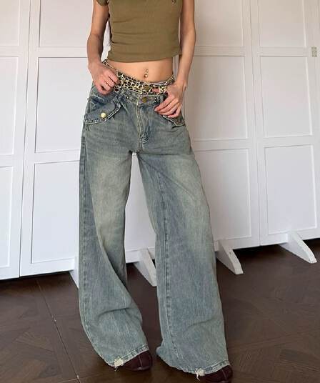 레오파드 무늬 패치워크 더블 허리 머리 넓은 다리 청바지 남녀 아메리칸 버드 나무 못 디자인 바닥 청소 스트레이트 긴 바지