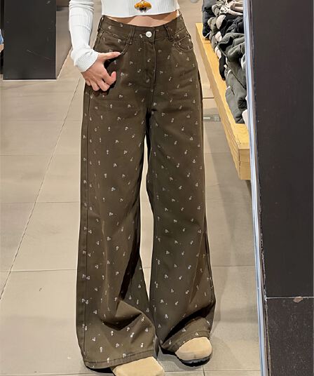 코코아 브라운 꽃무늬 디자인 센스 청바지 여성 편안함 바닥 청소 레트로 캐주얼 다용도 일상 느긋한 바람