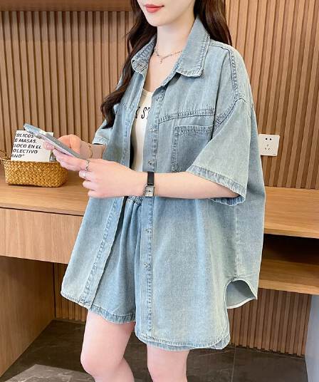 실사 2026 여름 루즈핏 레트로 달콤한 매운맛 바람 데님 셔츠 반바지 투피스 세트 캐주얼 세트 여성
