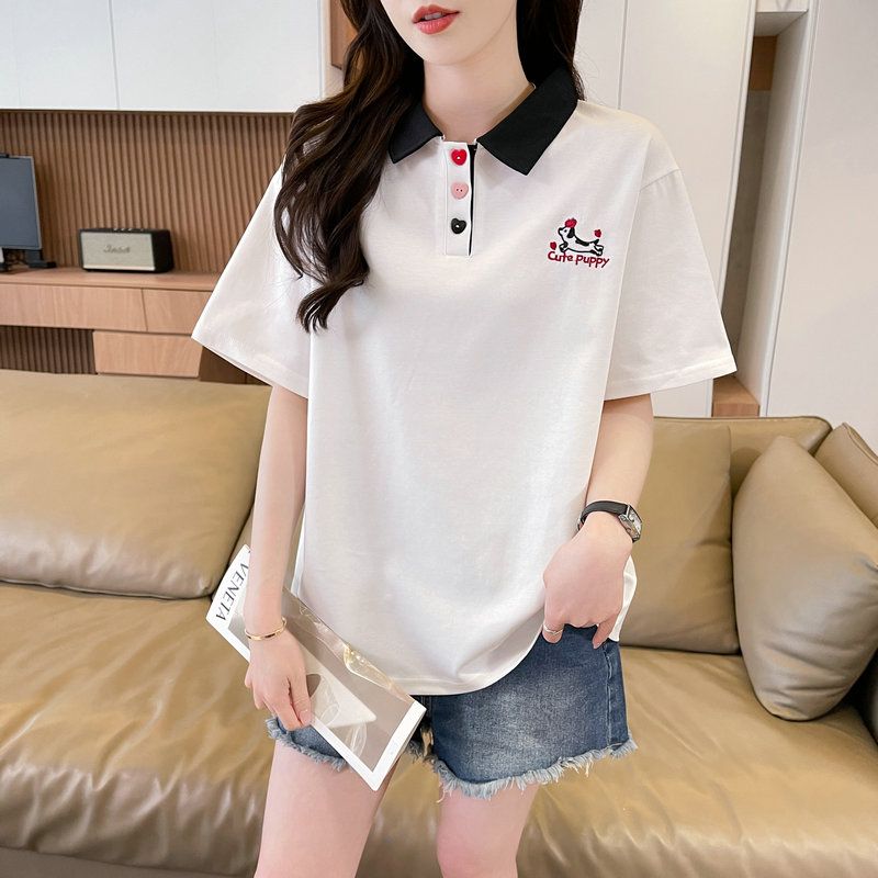 실사 2026 여름 50 면 50 폴리 에스터 남자 바 면 POLO 칼라 배색 강아지 반팔 티셔츠 여성