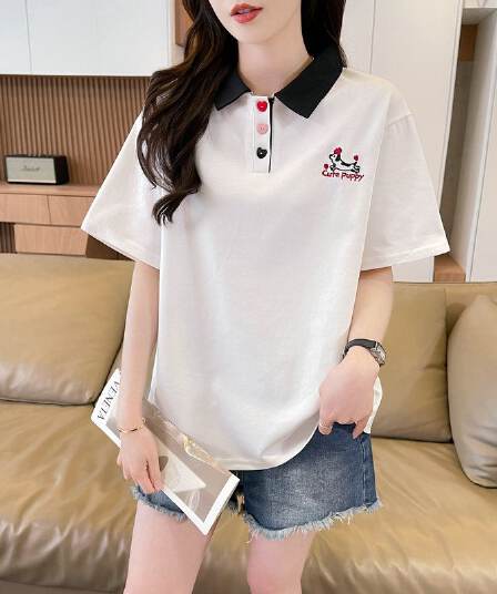 실사 2026 여름 50 면 50 폴리 에스터 남자 바 면 POLO 칼라 배색 강아지 반팔 티셔츠 여성