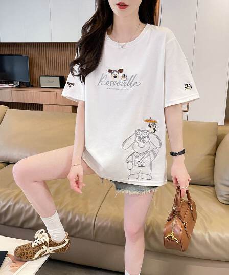 실사 2026 여름 50 면 50 폴리 에스터 남자 바 면 자수 강아지 반팔 티셔츠 여성