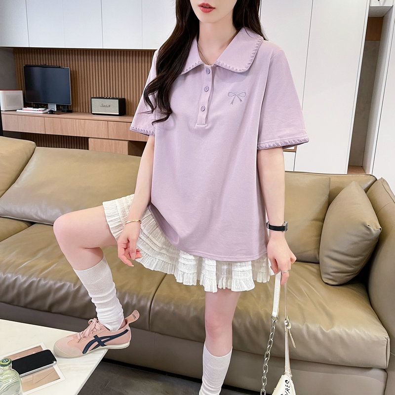 실사 2026 여름 50 면 50 폴리 에스터 남자 바 면 나비 매듭 자수 반팔 티셔츠 여성