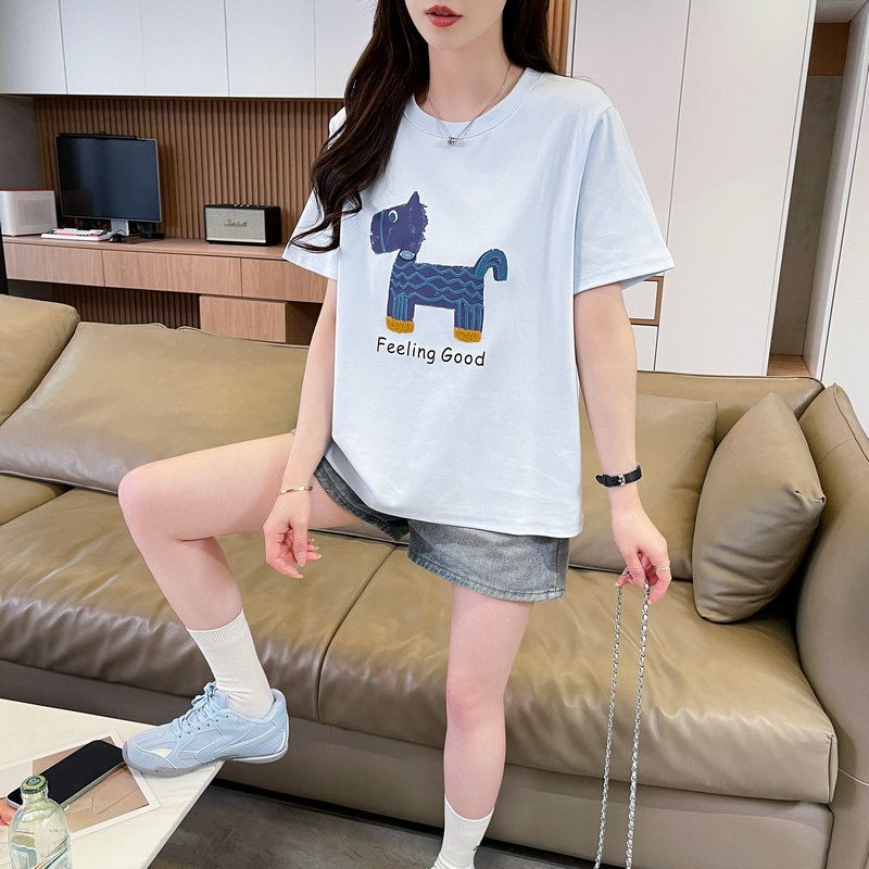 실사 2026 여름 모방 면 케이블 루오 Na 더블 실 작은 말 프린트 반팔 티셔츠 여성