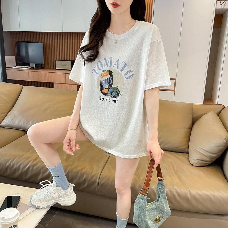실사 2026 여름 눈꽃 면 60 면 40 폴리 에스터 만화 프린트 마이크로 ~을 통해 반팔 티셔츠 여성