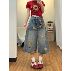 批发美式童趣小狗卡通刺绣七分<b class='q'>牛仔裤</b>女夏季高腰显瘦宽松直筒阔腿短裤