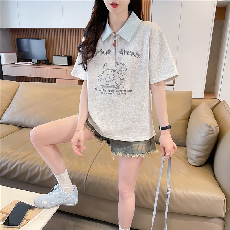 실사 2026 여름 새로운 POLO 칼라 패치워크 지퍼 자수 삽입 색상 맨위 반팔 티셔츠 여성