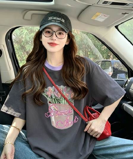 실사 2026 여름 200그램 순면 빅 사이즈 프린트 자수 스팽글 반팔 티셔츠 여성