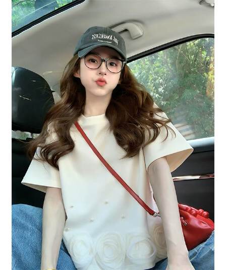 실사 2026 여름 원본 품질 빅 사이즈 디자인 센스 작은 대중 비즈 박기 망사 패치워크 반팔 티셔츠 여성