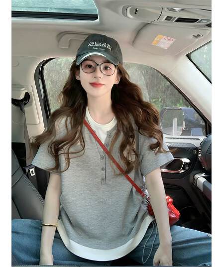 실사 2026 여름 270 그램 40 1 1 디자인 작은 대중 페이크 레이어드 몸매 가꾸기 펌프 로프 반팔 티셔츠 여성
