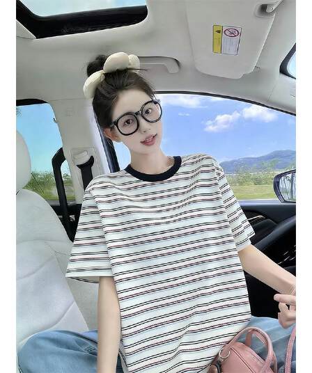 실사 2026 여름 면 컬러 짜임 기사 칼라 케이블 루오 Na 테두리 빅 사이즈 스트라이프 반팔 티셔츠 여성