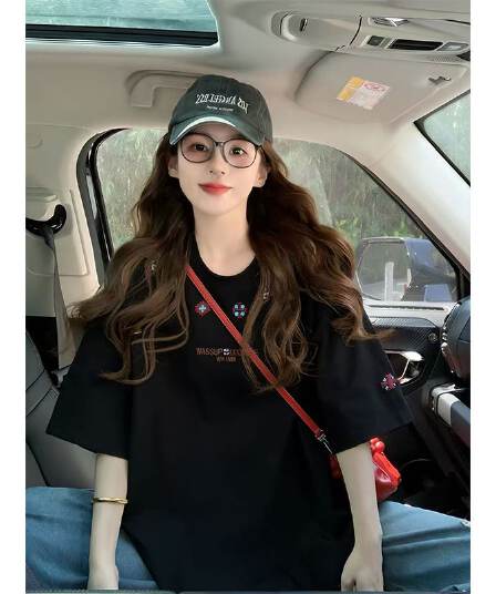 실사 2026 여름 280 그램 더블 실 순면 무거운 자수 남녀 같은 단락 커플 반팔 티셔츠 여성