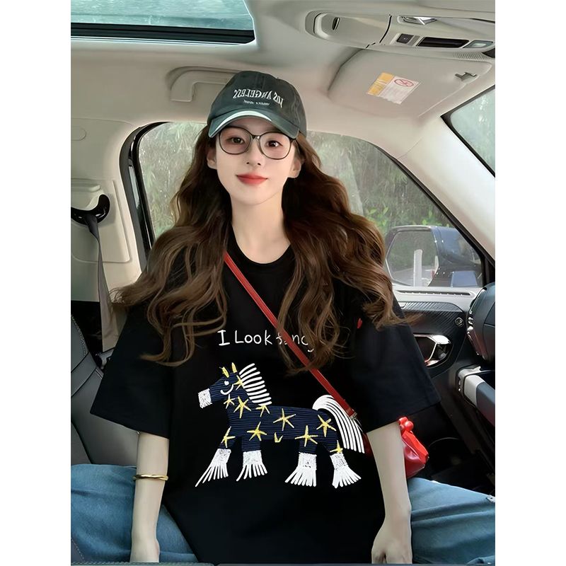 실사 2026 여름 280 그램 더블 실 순면 무거운 자수 압력 박 종이 남녀 커플 섹션 반팔 티셔츠 여성