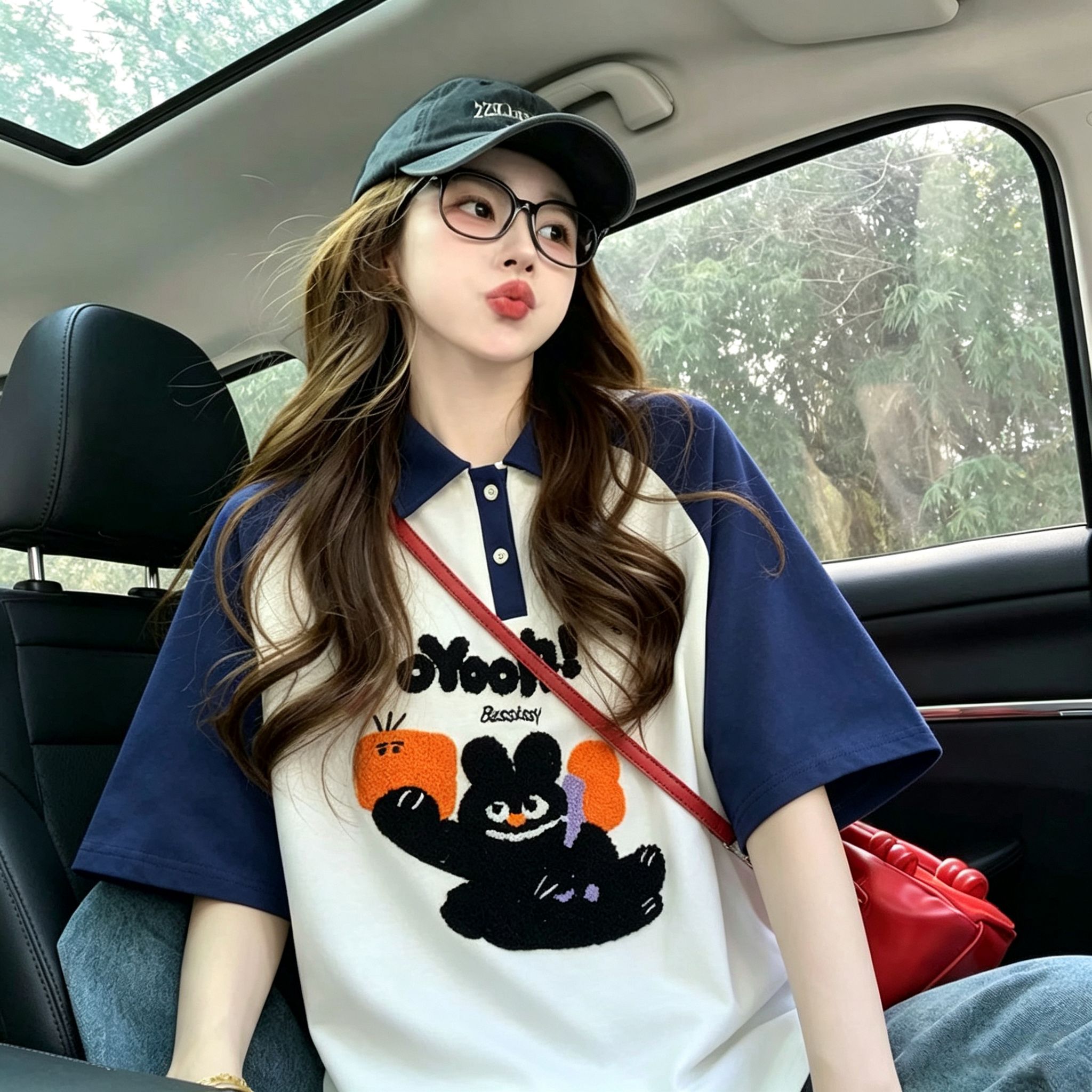 실사 2026 여름 200그램 순면 빅 사이즈 수건 자수 POLO 셔츠 삽입 어깨 소매 반팔 티셔츠 여성