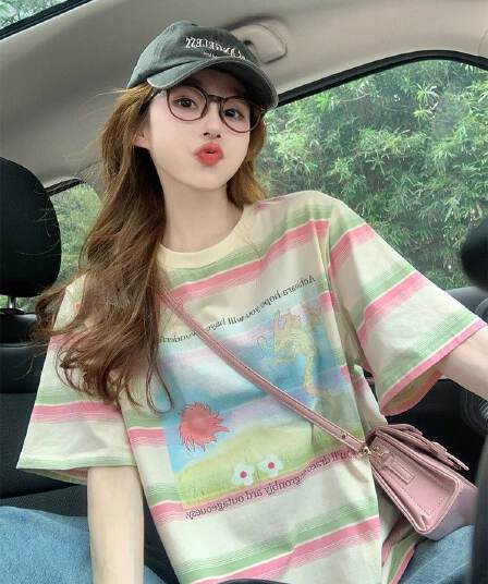95 면 컬러 짜임 기사 칼라 케이블 루오 Na 빅 사이즈 300 근 스트라이프 반팔 티셔츠 여성