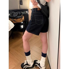 美式复古深蓝色牛仔短裤女夏季辛苦小个子五分不走光外穿四分裤子
