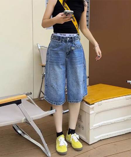 작은 키 디자인 센스 하이웨이스트 데님 반바지 여성 여름 새로운 배 모양 루즈핏 슬림해 보이는 스트레이트 넓은 다리 오부 바지