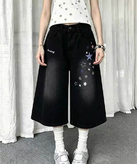 아메리칸 핫걸 별 자수 넓은 다리 데님 반바지 여성 여름 새로운 루즈핏 캐주얼 슬림해 보이는 7부 바지 바지