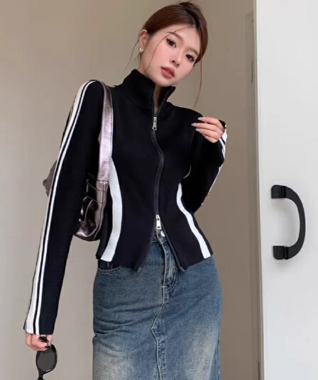 40 92 면 8 암모니아 Lun 흑인과 백인 패치워크 색상 지퍼 오픈 가디건 여성 가을 겨울 몸매 가꾸기 기본 셔츠 맨위 빅 사이즈 m-4xl