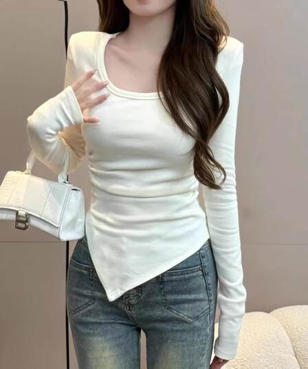 De 플러시 핫걸 u 칼라 쇄골 맨위 긍정적 인 어깨 인사이드 가져 가라. 긴팔 기본 셔츠 타이트 슬림해 보이는 티셔츠 여성 빅 사이즈 m-4xl