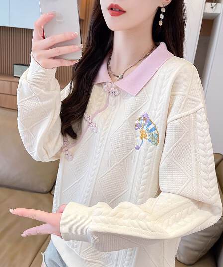 실사 2026 가을 겨울 새로운 자수 빅 사이즈 디자인 센스 POLO 칼라 미니멀리즘 풀오버 연령 감소 맨위 후드티 여성