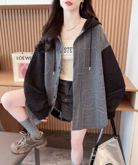 실사 2026 가을 의상 원본 자카드 원단 빅 사이즈 느긋한 바람 캐주얼 디자인 후드 재킷 후드티 여성