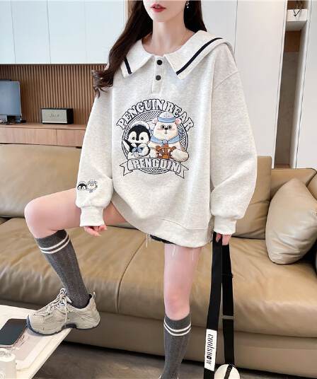 실사 2026 봄 가을 한국 스타일 루즈핏 해군 칼라 자수 패치워크 후아 면 후드티 여성