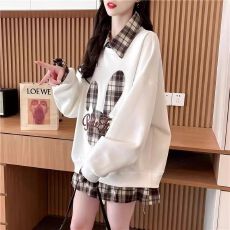 批发秋装仿华棉复牛奶丝假两件大码胖mm外套薄款卫衣女