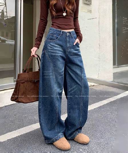 아메리칸 워싱 넓은 다리 모통이 칼 청바지 여성 2026 가을 새로운 높음 거리 루즈핏 슬림해 보이는 스트레이트 낫 바지