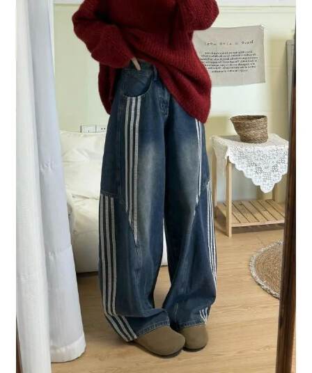 2026 년 가을 한 부서 높음 거리 레트로 모통이 칼 청바지 여성 디자인 센스 루즈핏 하이웨이스트 넓은 다리 바닥 청소 긴 바지