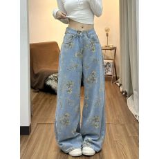 批发美式复古花朵印花阔腿牛仔裤女宽松<b class='q'>高腰</b>显瘦直筒裤休闲长裤