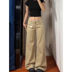 批发美式<b class='q'>高腰</b>复古卡其色直筒牛仔裤女春秋2026新款微喇阔腿长裤