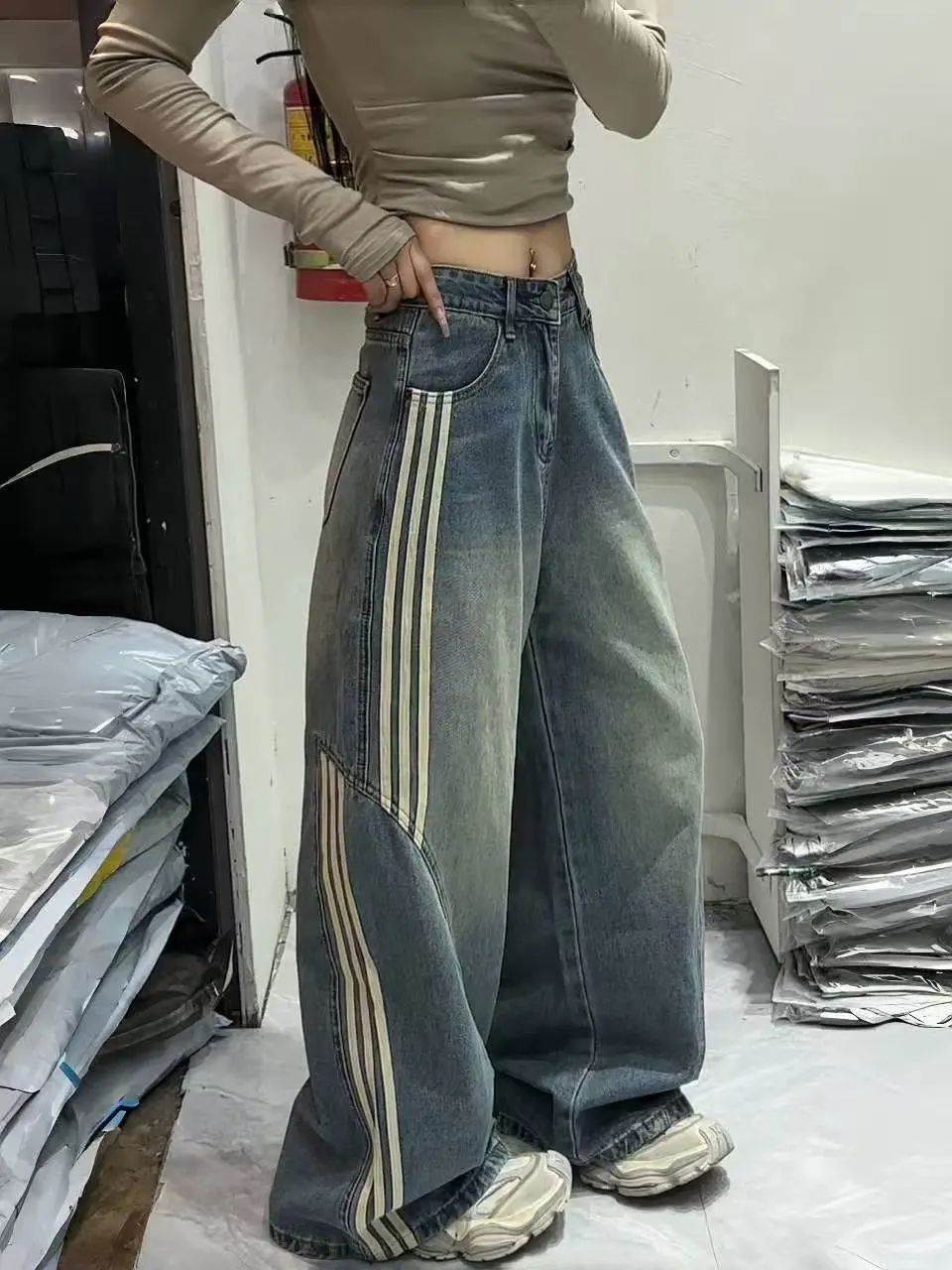 大码复古水洗条纹设计牛仔裤女美...