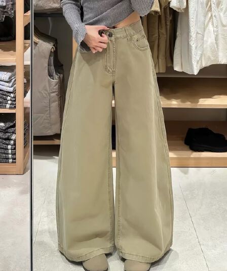 카키 색 넓은 다리 청바지 여성 키 큰 남자 가을 새로운 하이웨이스트 루즈핏 슬림해 보이는 캐주얼 바닥 청소 스트레이트 긴 바지