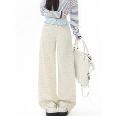 批发2026秋季<b class='q'>欧美</b>复古水洗蓝色豹纹休闲<b class='q'>裤</b>女薄款辣妹假两件裙摆拖地<b class='q'>裤</b>