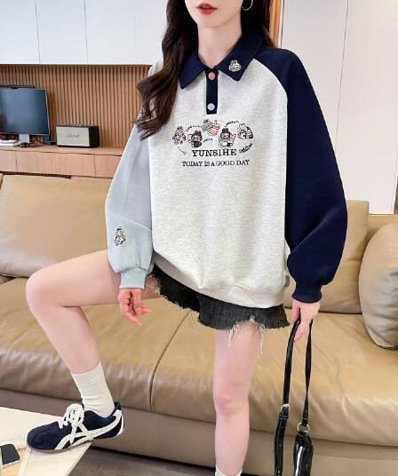 실사 2026 가을 의상 한국 스타일 루즈핏 자수 싸움 플러그 색상 맨위 후아 면 후드티 여성