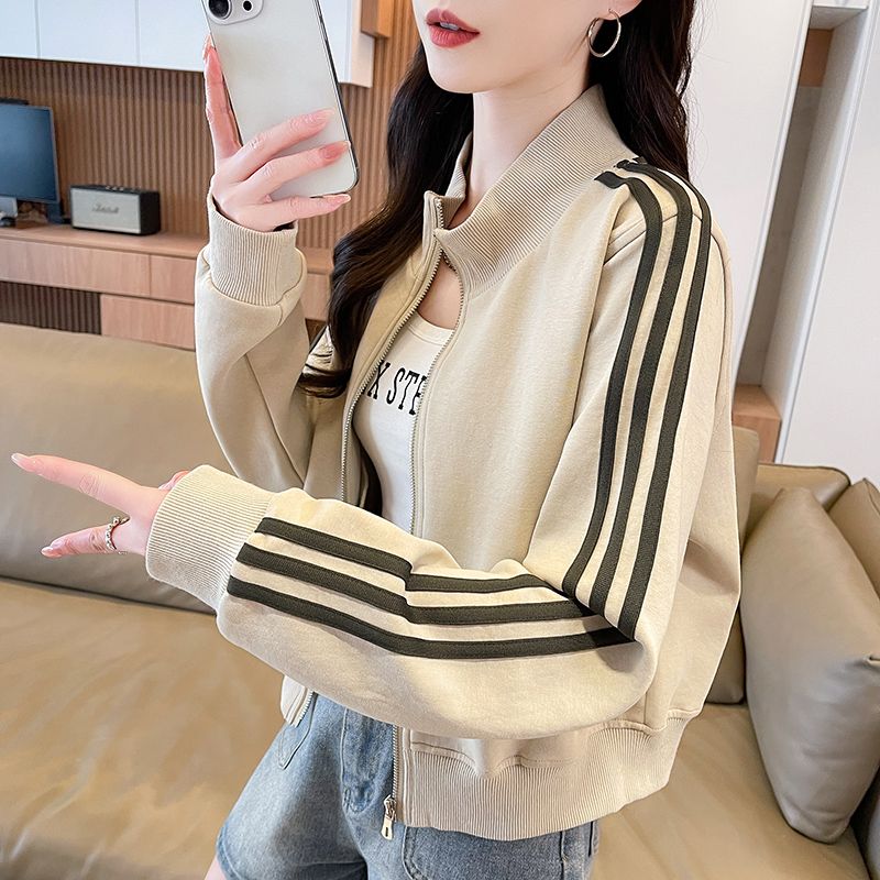 BY35335# 秋冬新款仿棉华棉复合牛奶丝立领短款三条杠上衣卫衣女 服裝批發女裝批發服飾貨源