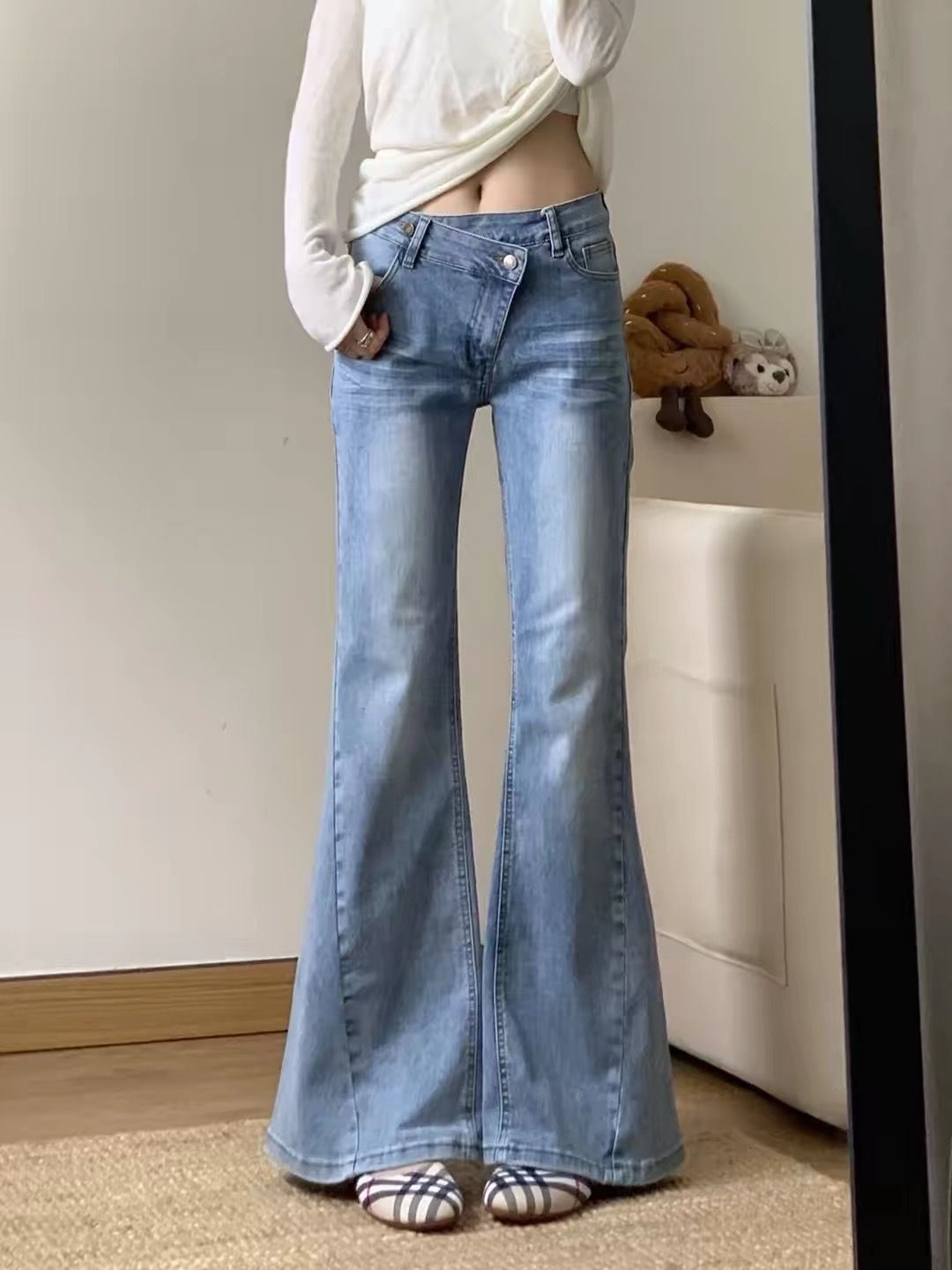 美式复古低腰微喇叭牛仔裤女秋季...