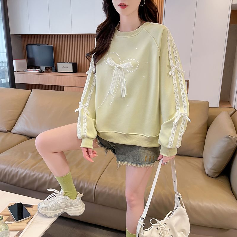 BY36462# 春秋仿华棉复合蕾丝蝴蝶结设计感小个子宽松卫衣女  服裝批發女裝批發服飾貨源