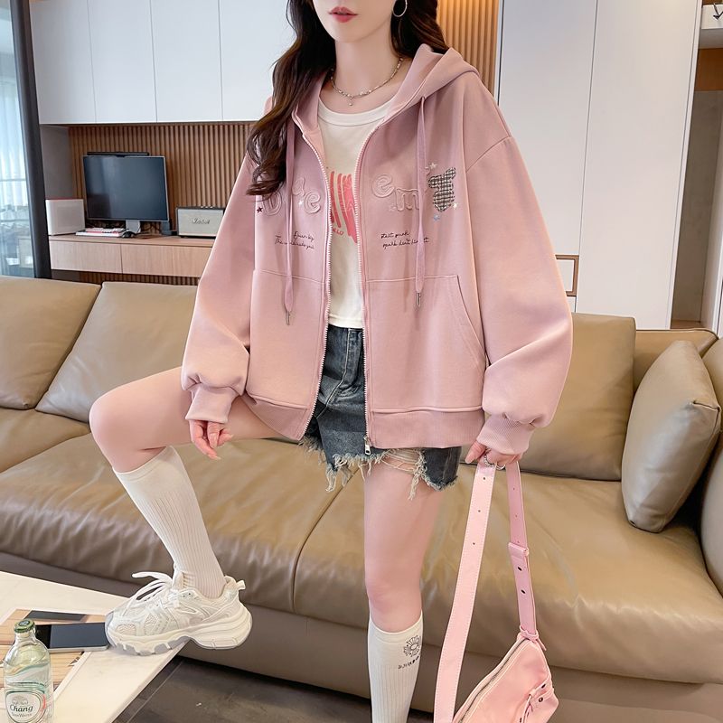 BY36755# 春秋仿华棉复合双帽贴布绣设计感小个子宽松开衫卫衣女  服裝批發女裝批發服飾貨源