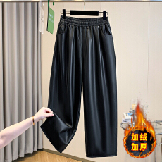 批发实拍大码<b class='q'>秋</b>冬PU皮裤女2025新款宽松阔腿休闲直筒裤哈伦九分裤子