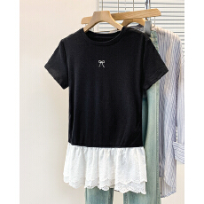 批发实拍大码胖妹妹圆领短袖t恤女正肩2026新款花边下摆显瘦修身上衣