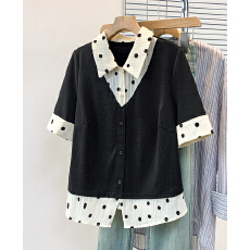 批发实拍<b class='q'>大码</b>胖妹妹2026夏季新款复古波点<b class='q'>时尚</b>显瘦假两件针织衫上衣女