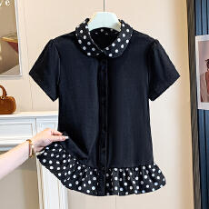 批发实拍大码2026夏季胖MM黑拼波点<b class='q'>娃娃领</b>短袖女修身显瘦设计百搭上衣