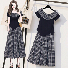 批发实拍大码格子拼接圆领不规则上衣+半身裙2026新款减龄时尚两件套