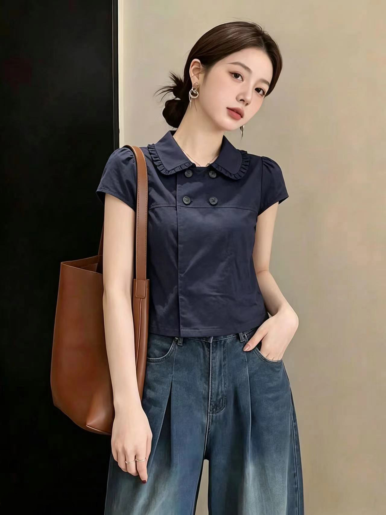 실사 빅 사이즈 여름 한 부서 베이비 칼라 데님 블루 반팔 여성 셔츠 이중 버튼 슬림해 보이는 쇼트 스타일 인형 셔츠 맨위
