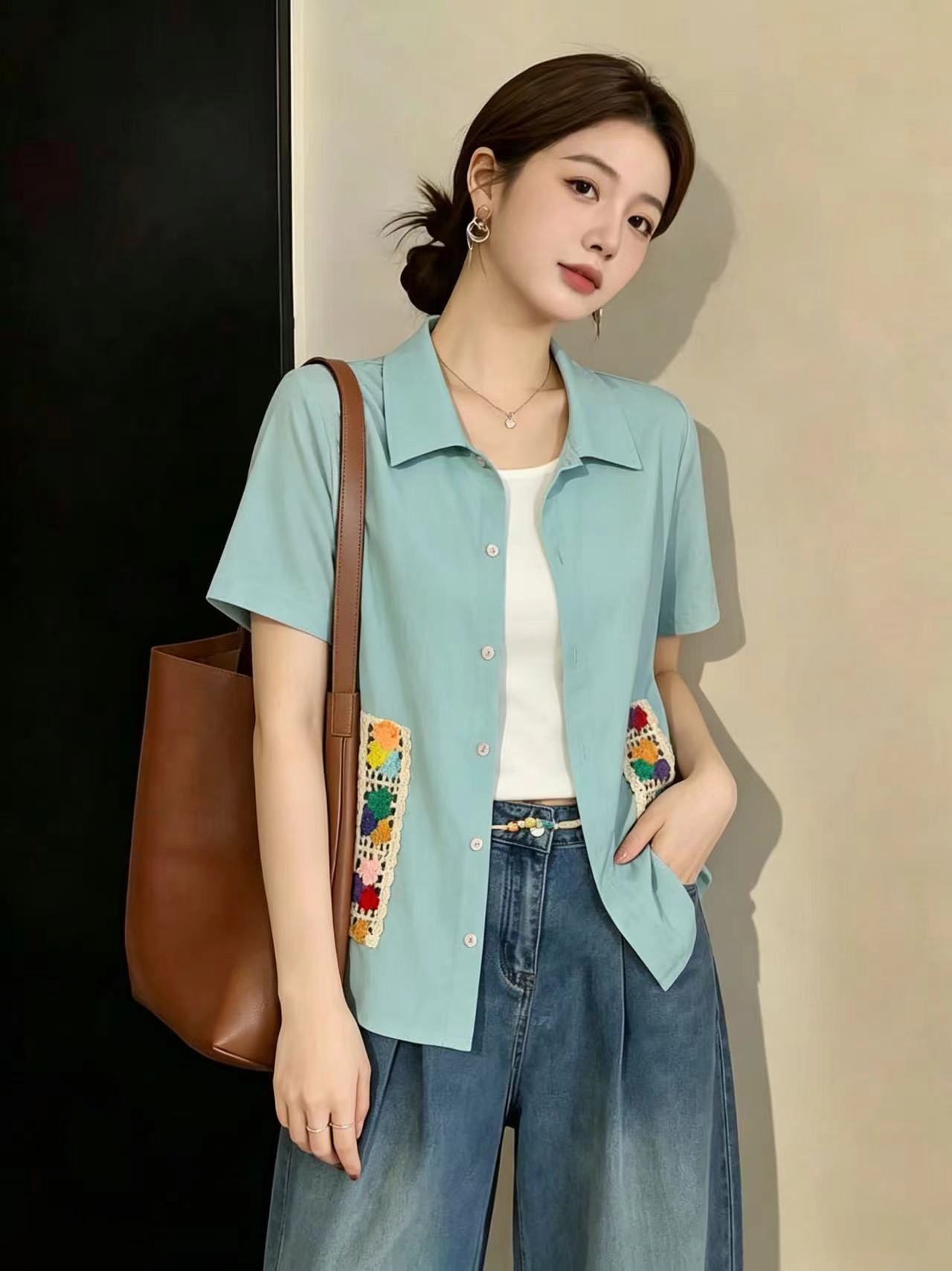 실사 빅 사이즈 여성 의류 마이크로 지방 mm 여름 도파민 레이스 패치워크 디자인 센스 루즈핏 긍정적 인 어깨 셔츠 맨위