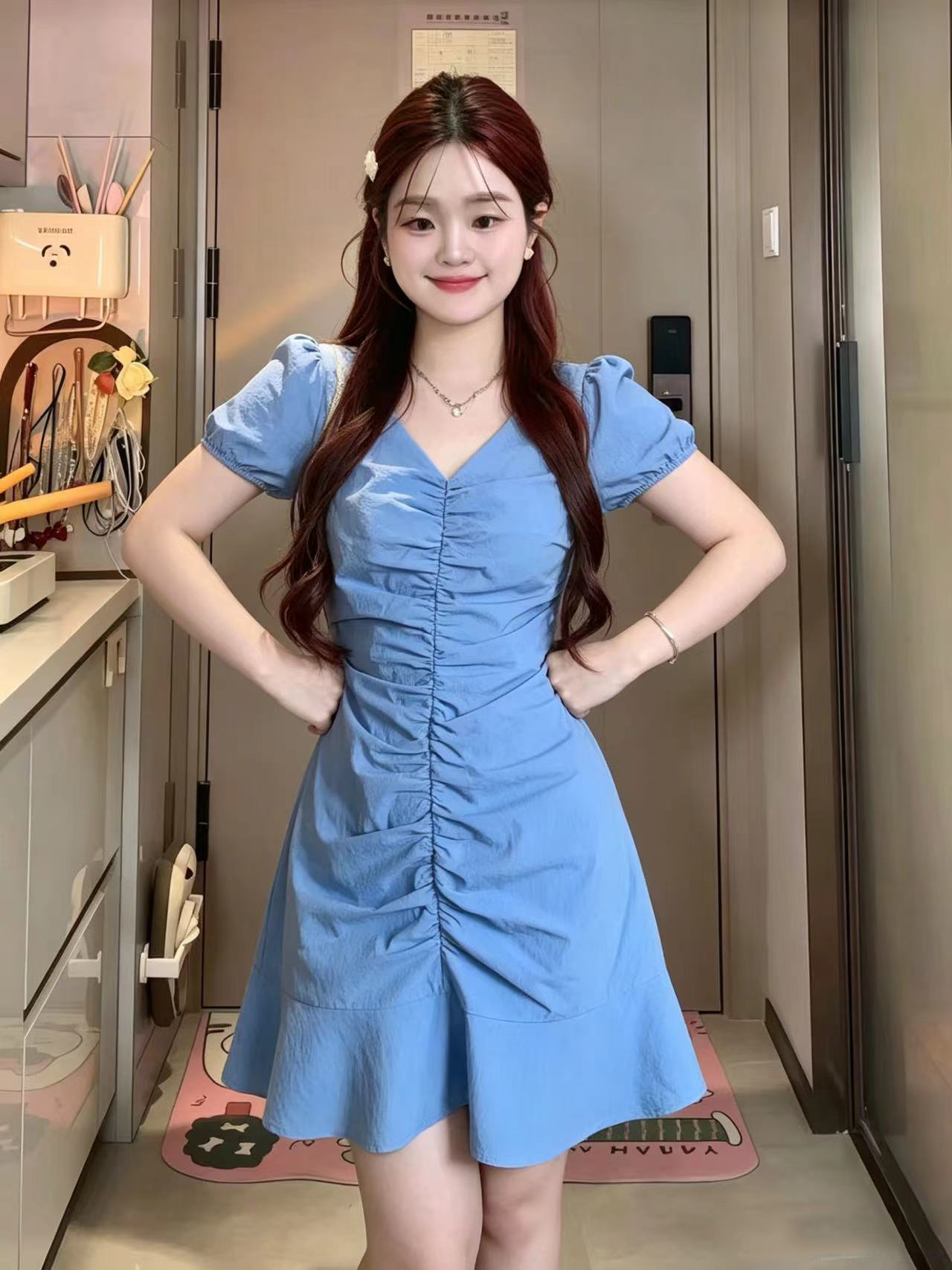 실사 빅 사이즈 여름 지방 mm 2026 한 부서 V넥 반팔 거품 소매 드레스 작은 키 다용도 짧은 치마