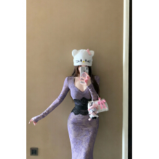 批发实拍微胖纯欲性感V领蕾丝挂脖连衣裙女秋冬显身材包臀长裙