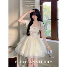 批发Blovelan清风铃兰 甜美公主风蝴蝶结<b class='q'>欧根纱</b>短款连衣裙蓬蓬裙女春